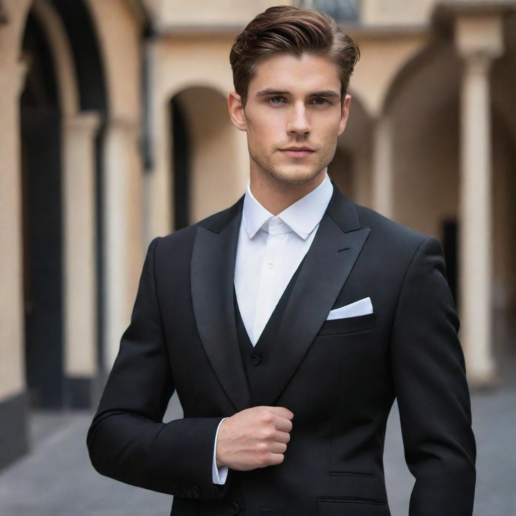 A dignified young man dressed in an elegant black suit, projecting an aura of sophistication and charisma.