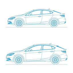 A set of 4 technical blueprint illustrations of a single model car, showcasing its design from the front, back, right side, and top angles