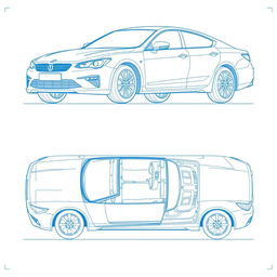 A set of 4 technical blueprint illustrations of a single model car, showcasing its design from the front, back, right side, and top angles