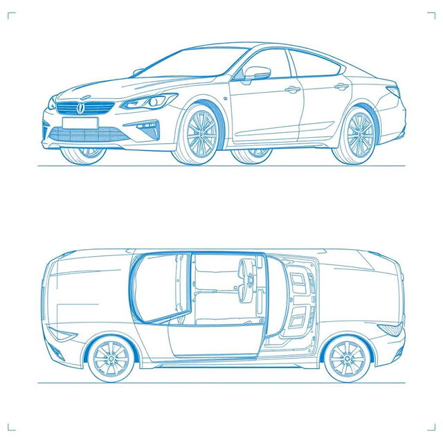 A set of 4 technical blueprint illustrations of a single model car, showcasing its design from the front, back, right side, and top angles