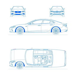 A set of 4 technical blueprint illustrations of a single model car, showcasing its design from the front, back, right side, and top angles