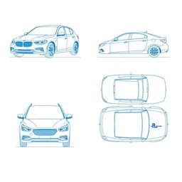 A set of 4 technical blueprint illustrations of a single model car, showcasing its design from the front, back, right side, and top angles