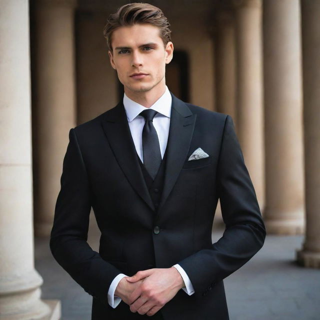 A dignified young man dressed in an elegant black suit, projecting an aura of sophistication and charisma.