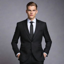 A dignified young man dressed in an elegant black suit, projecting an aura of sophistication and charisma.