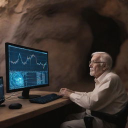 An elderly individual, exuding wisdom, is seated in front of a monitor displaying Bitcoin charts. The location is in a mystical cave.