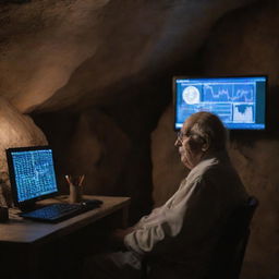 An elderly individual, exuding wisdom, is seated in front of a monitor displaying Bitcoin charts. The location is in a mystical cave.