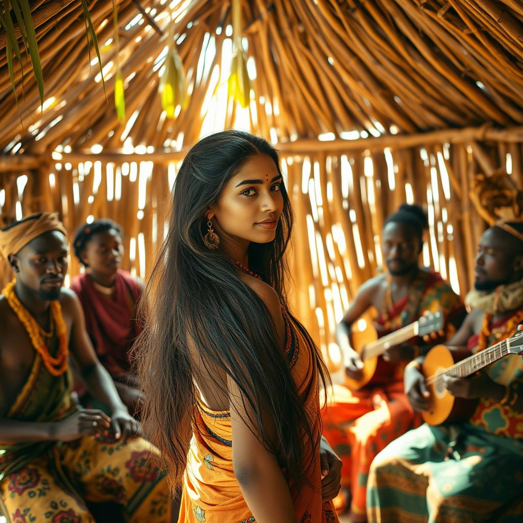 A serene and exotic scene within a rustic hut, showcasing a graceful Indian woman with long flowing hair, adorned in traditional jewelry, embracing her natural beauty