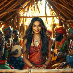 A serene and exotic scene within a rustic hut, showcasing a graceful Indian woman with long flowing hair, adorned in traditional jewelry, embracing her natural beauty