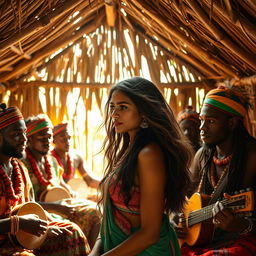 A serene and exotic scene within a rustic hut, showcasing a graceful Indian woman with long flowing hair, adorned in traditional jewelry, embracing her natural beauty