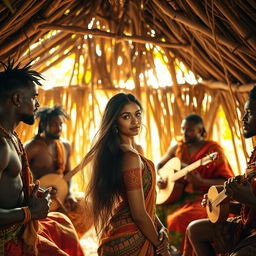 A serene and exotic scene within a rustic hut, showcasing a graceful Indian woman with long flowing hair, adorned in traditional jewelry, embracing her natural beauty