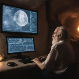 An elderly individual, exuding wisdom, is seated in front of a monitor displaying Bitcoin charts. The location is in a mystical cave.