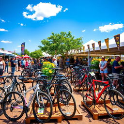 A vibrant outdoor scene showcasing various bikes for sale at a bustling market