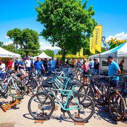 A vibrant outdoor scene showcasing various bikes for sale at a bustling market