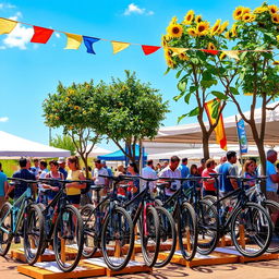 A vibrant outdoor scene showcasing various bikes for sale at a bustling market