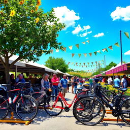 A vibrant outdoor scene showcasing various bikes for sale at a bustling market