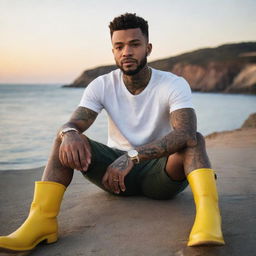 Generate an image of a young black man, resembling Justin Timberlake, with tattoos on his skin, sitting by the sea watching the sunset, holding a coffee mug, and wearing bright yellow boots.