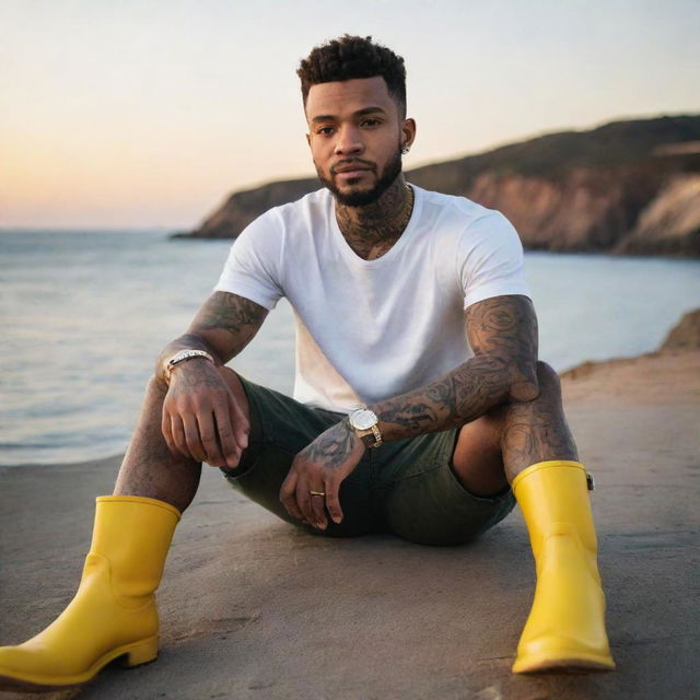 Generate an image of a young black man, resembling Justin Timberlake, with tattoos on his skin, sitting by the sea watching the sunset, holding a coffee mug, and wearing bright yellow boots.