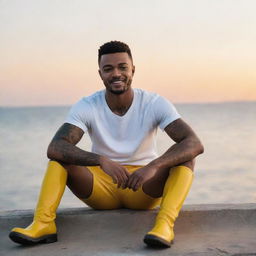 Generate an image of a young black man, resembling Justin Timberlake, with tattoos on his skin, sitting by the sea watching the sunset, holding a coffee mug, and wearing bright yellow boots.