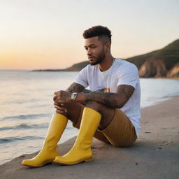 Generate an image of a young black man, resembling Justin Timberlake, with tattoos on his skin, sitting by the sea watching the sunset, holding a coffee mug, and wearing bright yellow boots.