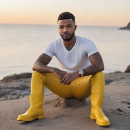 Generate an image of a young black man, resembling Justin Timberlake, with tattoos on his skin, sitting by the sea watching the sunset, holding a coffee mug, and wearing bright yellow boots.