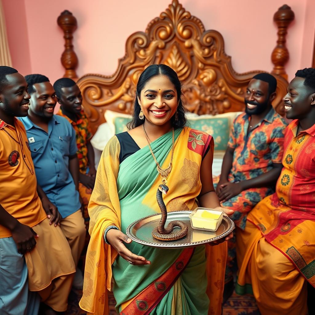 A vibrant scene set in a traditional Indian home, featuring a pregnant Indian woman with a warm smile and flowing attire, holding a tray filled with oil and butter, prominently showcasing a small, decorative statue of a snake