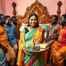 A vibrant scene set in a traditional Indian home, featuring a pregnant Indian woman with a warm smile and flowing attire, holding a tray filled with oil and butter, prominently showcasing a small, decorative statue of a snake