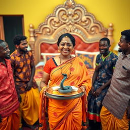 A vibrant scene set in a traditional Indian home, featuring a pregnant Indian woman with a warm smile and flowing attire, holding a tray filled with oil and butter, prominently showcasing a small, decorative statue of a snake