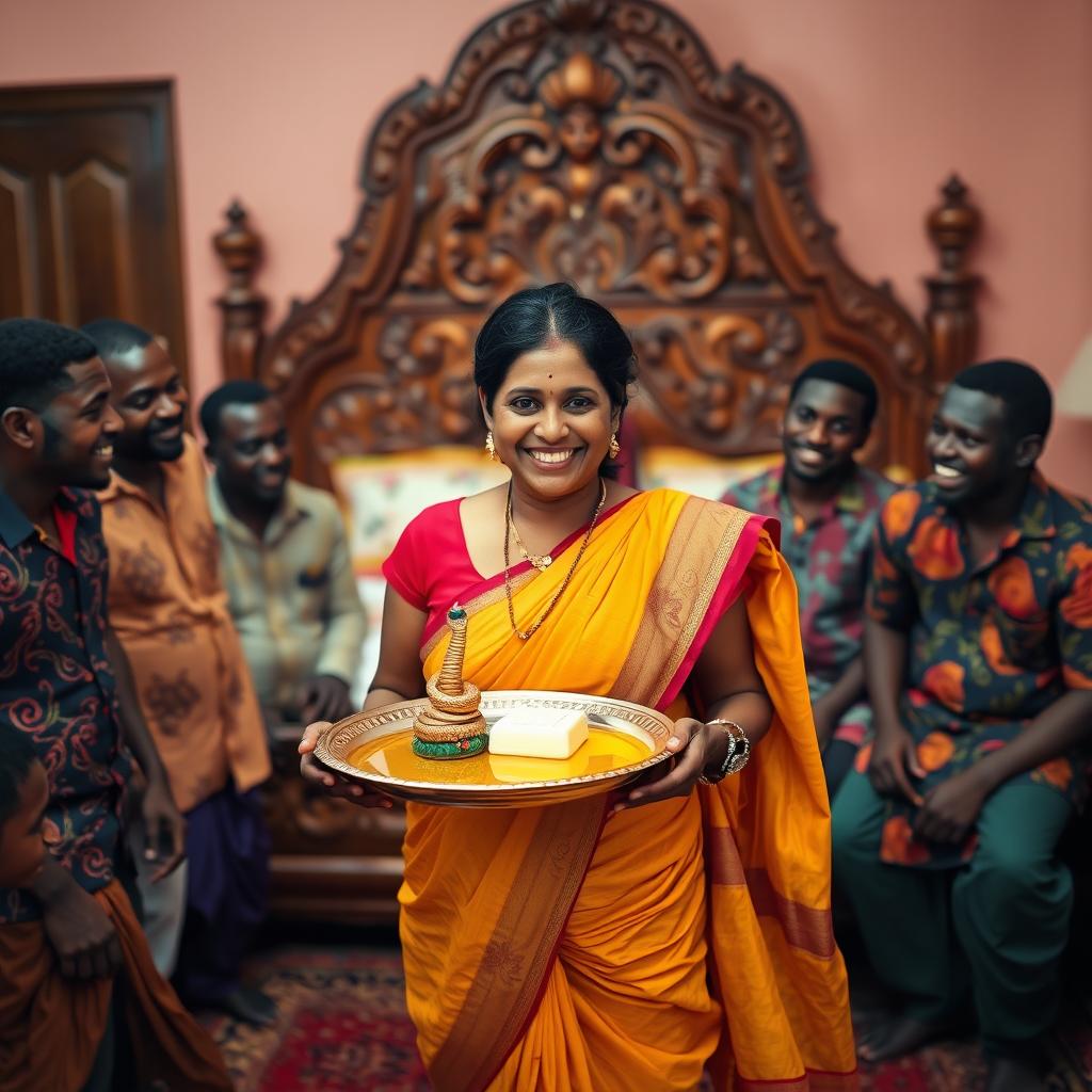 A vibrant scene set in a traditional Indian home, featuring a pregnant Indian woman with a warm smile and flowing attire, holding a tray filled with oil and butter, prominently showcasing a small, decorative statue of a snake