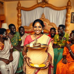 A vibrant scene set in a traditional Indian home, featuring a pregnant Indian woman with a warm smile and flowing attire, holding a tray filled with oil and butter, prominently showcasing a small, decorative statue of a snake