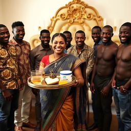 A cheerful pregnant Indian woman holding a tray filled with oil, butter, and Vaseline, featuring a small snake statue on the tray