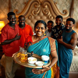 A cheerful pregnant Indian woman holding a tray filled with oil, butter, and Vaseline, featuring a small snake statue on the tray