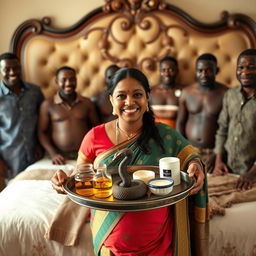 A cheerful pregnant Indian woman holding a tray filled with oil, butter, and Vaseline, featuring a small snake statue on the tray