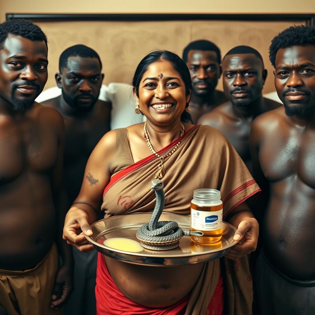 A frightened, bruised pregnant Indian woman holding a tray filled with oil, butter, and Vaseline, featuring a small statue of a snake on the tray