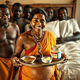 A frightened, bruised pregnant Indian woman holding a tray filled with oil, butter, and Vaseline, featuring a small statue of a snake on the tray