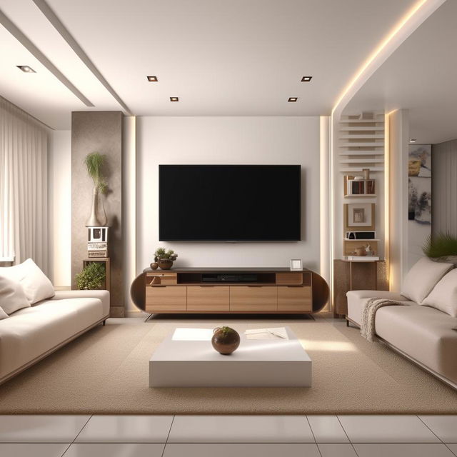 A 3D view of a 12x20 feet living room layout, with a fashionable TV unit placed on the 12 feet wall, and plush couches lined along the 20 feet wall. The full room design efficiently utilizes space while encapsulating comfort and modern appeal.