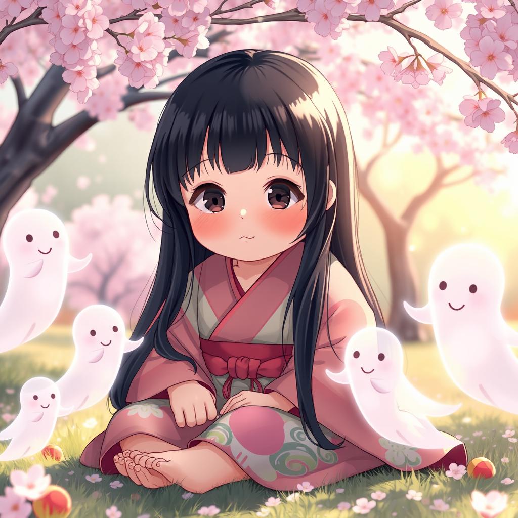 A young chubby Japanese girl with long black hair, wearing a colorful traditional yukata, sitting in a serene garden surrounded by cherry blossom trees