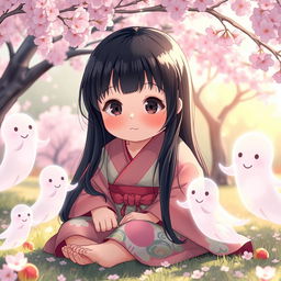 A young chubby Japanese girl with long black hair, wearing a colorful traditional yukata, sitting in a serene garden surrounded by cherry blossom trees