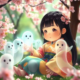 A young chubby Japanese girl with long black hair, wearing a colorful traditional yukata, sitting in a serene garden surrounded by cherry blossom trees