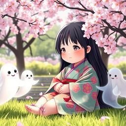 A young chubby Japanese girl with long black hair, wearing a colorful traditional yukata, sitting in a serene garden surrounded by cherry blossom trees