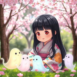 A young chubby Japanese girl with long black hair, wearing a colorful traditional yukata, sitting in a serene garden surrounded by cherry blossom trees