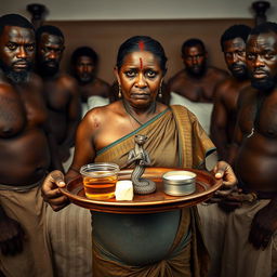 A scared, bruised pregnant Indian woman holding a tray filled with oil, butter, and Vaseline, including a small statue of a snake on the tray