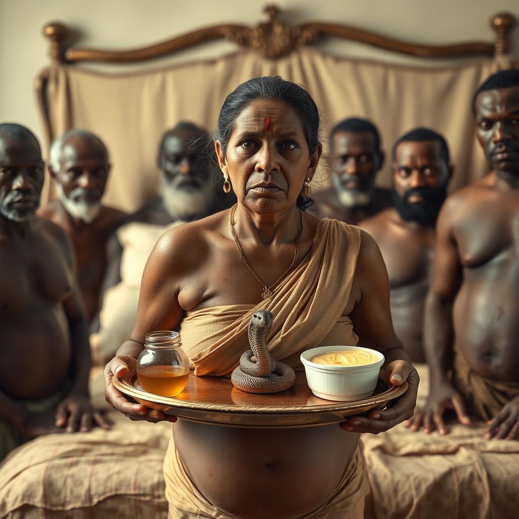 A scared, bruised pregnant Indian woman holding a tray filled with oil, butter, and Vaseline, including a small statue of a snake on the tray