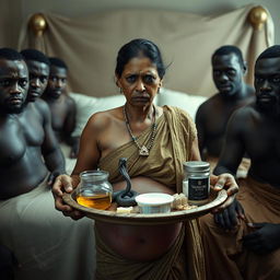 A scared, bruised pregnant Indian woman holding a tray filled with oil, butter, and Vaseline, including a small statue of a snake on the tray