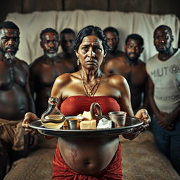 A scared, bruised pregnant Indian woman holding a tray filled with oil, butter, and Vaseline, including a small statue of a snake on the tray