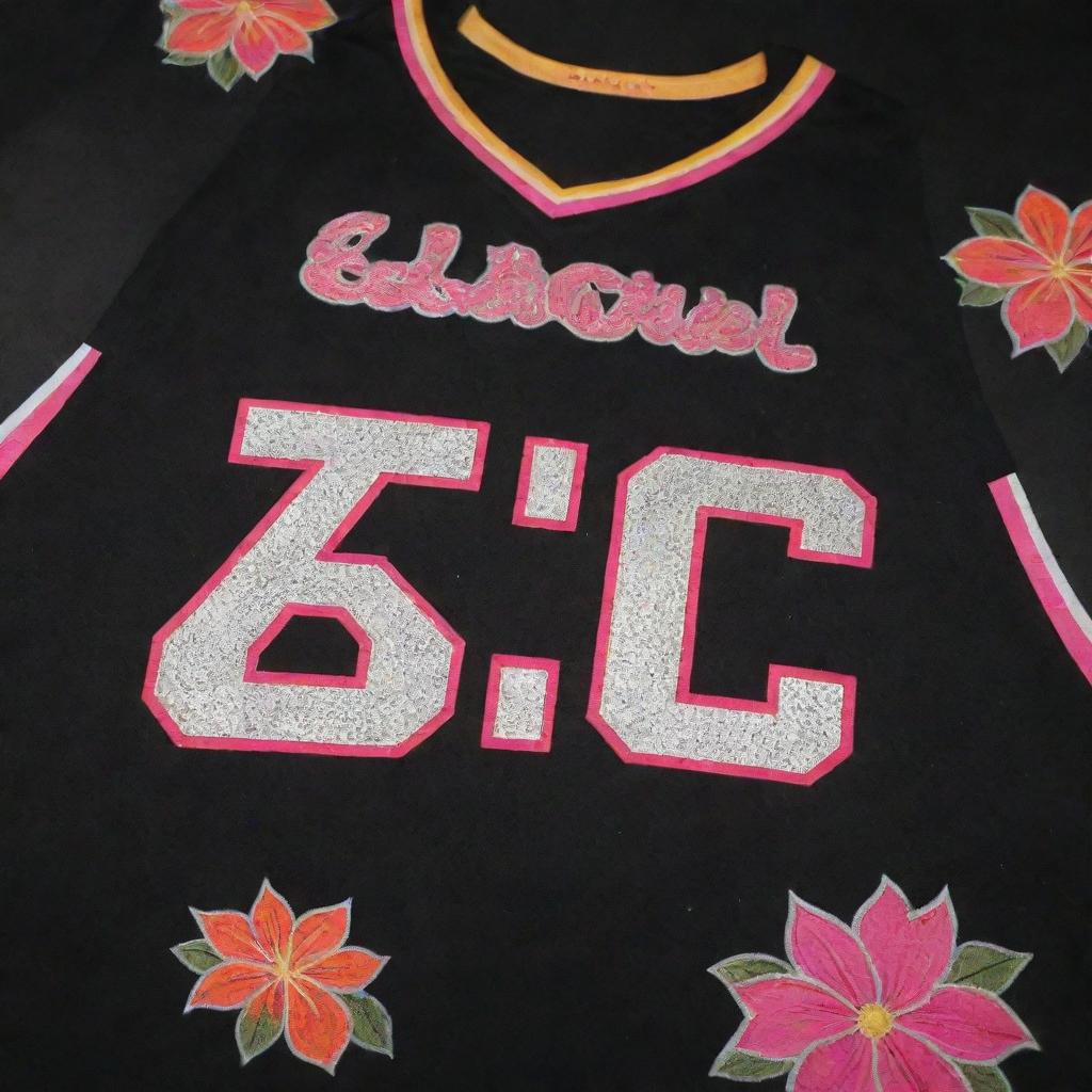 A black basketball jersey adorned with a side design of red, pink and orange flowers. The jersey proudly displays golden and silver lettering.