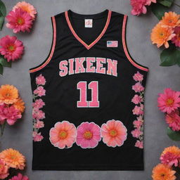 A black basketball jersey adorned with a side design of red, pink and orange flowers. The jersey proudly displays golden and silver lettering.