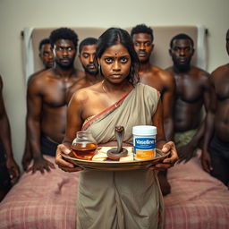 A scared, bruised young beautiful pregnant Indian woman holding a tray filled with oil, butter, and Vaseline, featuring a small statue of a snake on the tray