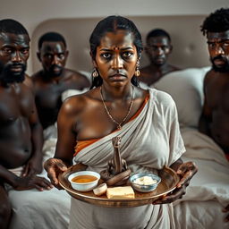 A scared, bruised young beautiful pregnant Indian woman holding a tray filled with oil, butter, and Vaseline, featuring a small statue of a snake on the tray