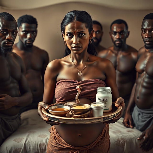 A scared, bruised young beautiful pregnant Indian woman holding a tray filled with oil, butter, and Vaseline, featuring a small statue of a snake on the tray