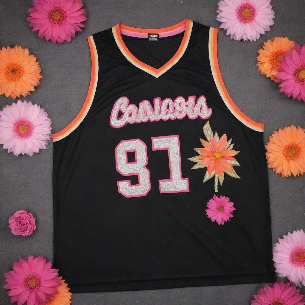 A black basketball jersey adorned with a side design of red, pink and orange flowers. The jersey proudly displays golden and silver lettering.